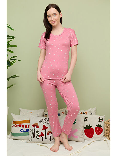 Fullamoda Büyük Kalpli Desenli Bisiklet Yaka Kısa Kollu Pijama Takımı
