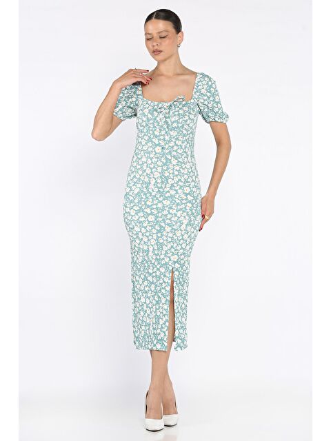 Gülseli Yırtmaçlı Balon Kol Kadın Desenli Elbise - S000399268-18194