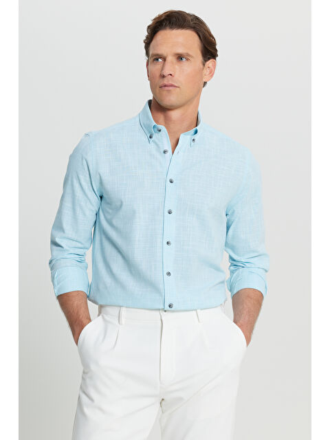 Altınyıldız Classics Erkek Turkuaz %100 Pamuk Slim Fit  Düğmeli Yaka Armürlü Flamlı Gömlek - S000527413-20055