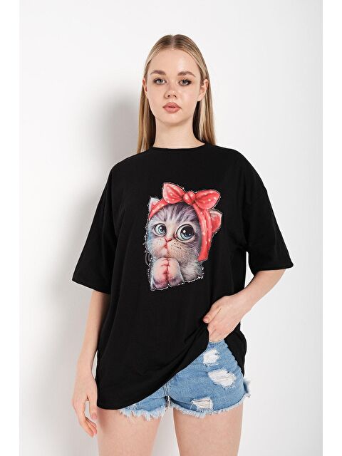 Trendseninle Kadın Siyah Kedi Baskılı Oversize Tişört - S000116446-19351