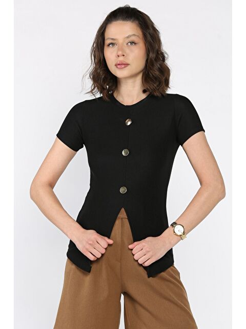 Gülseli Gold Düğme Detaylı Yırtmaçlı Ottoman Kumaş Tarz Bluz - S000399277-19351