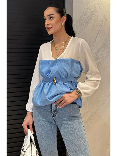 Gülseli V Yaka Garnili Tokalı Kadın Bluz - S000399250-17234