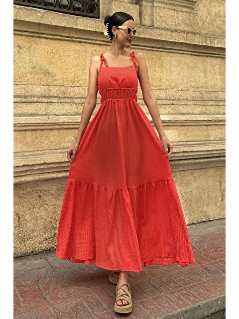 Now Moda Askılı Gipeli Gofre Uzun Turuncu Elbise - S000185504-20013