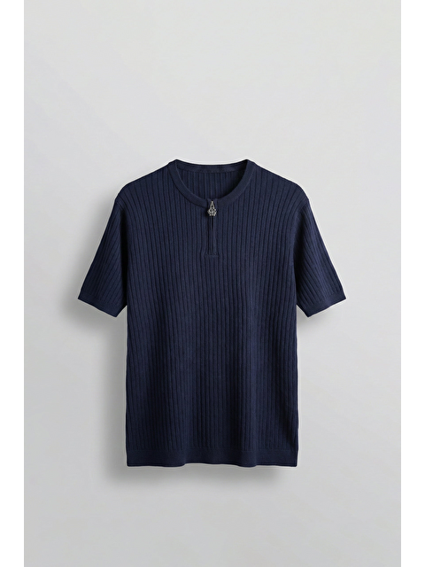 Abluka Online Erkek Regular Fit  Premium Fitilli Triko T-Shirt Lacivert - S000516201-21164