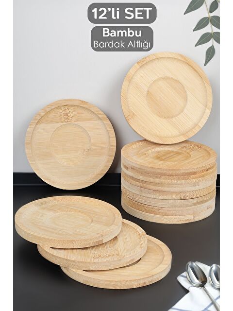 Meleni Home 12'li Bambu Bardak Altlığı Set Ahşap Yuvarlak Çay Tabağı Kahve Fincan Altlığı 10 cm - S000385125-19928