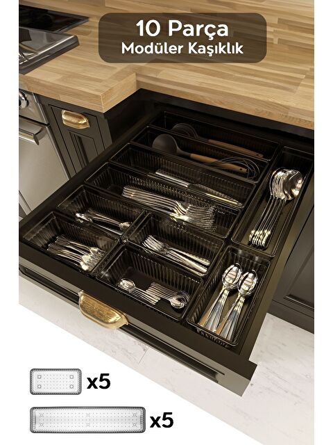 Meleni Home 10'lu Modüler Set Kaşıklık Çekmece İçi Düzenleyici Çatal Kaşık Bıçak Düzenleme Organizeri Antrasit - S000385132-29666