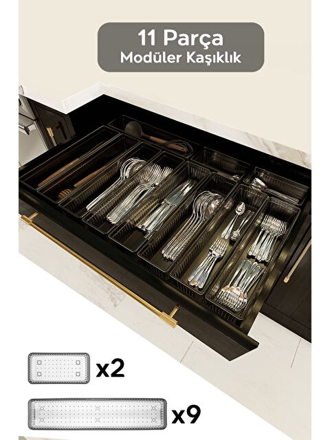 Meleni Home 11li Modüler Set Kaşıklık Çekmece İçi Düzenleyici Çatal Kaşık Bıçak Düzenleme Organizeri Antrasit - S000385134-29666
