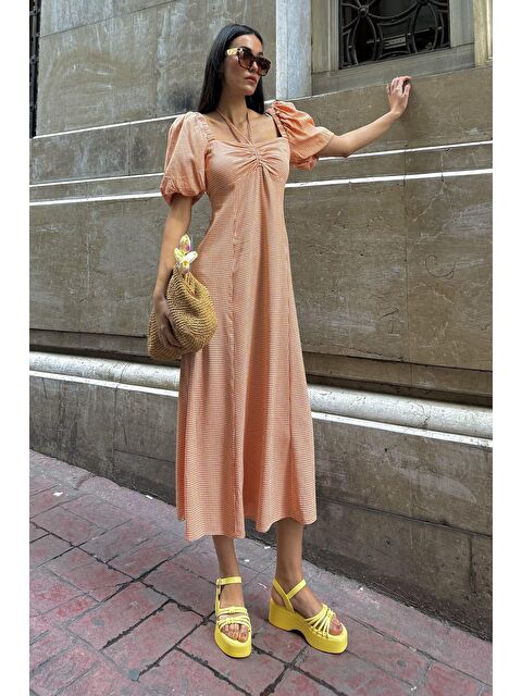 Now Moda Doğal Viskon Boyun Baglamalı Desenli Uzun Turuncu Elbise - S000185505-20013