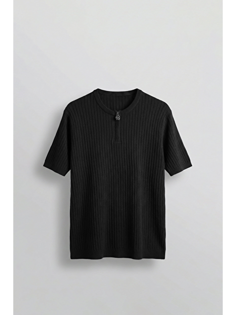 Abluka Online Erkek Regular Fit  Premium Fitilli Triko T-Shirt Siyah - S000516201-19351