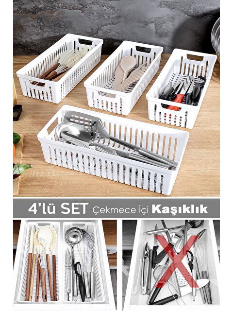 Meleni Home 4lü Modüler Kaşıklık Seti Mutfak Düzenleyici Çekmece İçi Organizer Bıçaklık Kepçelik Beyaz - S000385140-20063