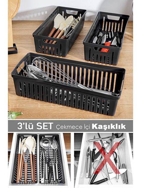 Meleni Home 3lü Modüler Kaşıklık Seti Mutfak Düzenleyici Çekmece İçi Organizer Bıçaklık Kepçelik Siyah - S000385142-19351