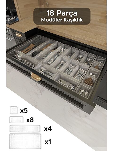 Meleni Home 18'li Modüler Set Kaşıklık Çekmece İçi Düzenleyici Çatal Kaşık Bıçak Düzenleme Organizeri Şeffaf - S000385143-26865