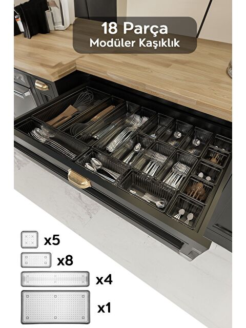 Meleni Home 18'li Modüler Set Kaşıklık Çekmece İçi Düzenleyici Çatal Kaşık Bıçak Düzenleme Organizeri Antrasit - S000385144-29666