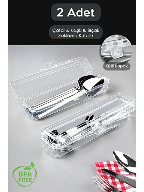 Meleni Home 2 Adet Taşınabilir Kaşıklık Şeffaf Çatal Kaşık Taşıma Kabı Çok Amaçlı Organizer - S000385145-26865
