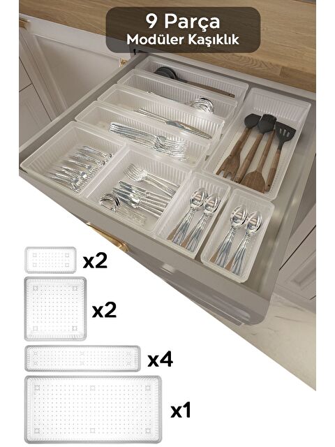 Meleni Home 9 Parça Modüler Kaşıklık Seti Ayarlanabilir Mutfak Çekmece İçi Düzenleyici Organizer Şeffaf - S000385150-26865