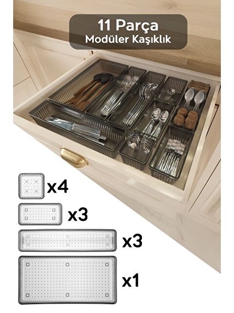 Meleni Home 11 Parça Modüler Kaşıklık Seti Ayarlanabilir Mutfak Çekmece İçi Düzenleyici Organizer Antrasit - S000385151-29666