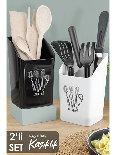 Meleni Home 2'li Tezgah Üstü Kaşıklık Mutfak Organizer Düzenleyici Kepçelik Kaşık Bıçak Standı Siyah Beyaz - S000385152-37424