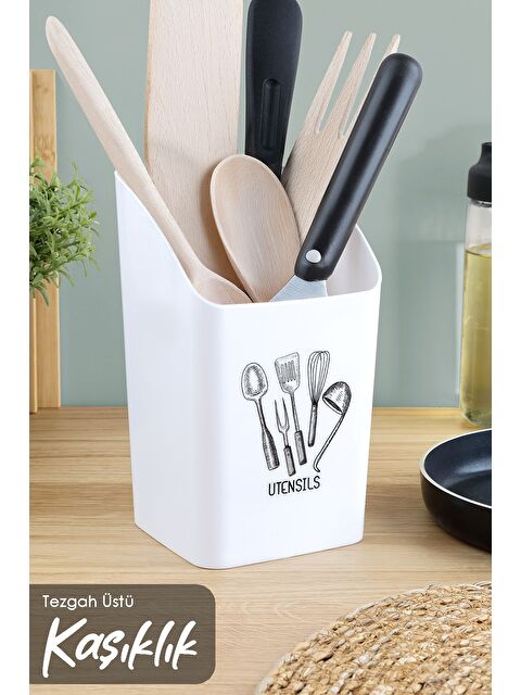 Meleni Home Tezgah Üstü Kaşıklık Mutfak Organizer Düzenleyici Kepçelik Kaşık Bıçak Standı Beyaz - S000385153-20063