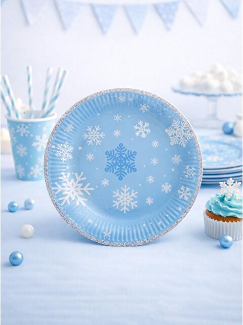 Parti Adresi Kar Tanesi Temalı Tabak Karton Doğum Günü Tabağı Açık Mavi 8'li - S000524883-37368