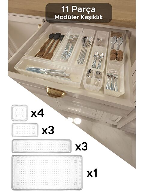 Meleni Home 11 Parça Modüler Kaşıklık Seti Ayarlanabilir Mutfak Çekmece İçi Düzenleyici Organizer Şeffaf - S000385154-26865