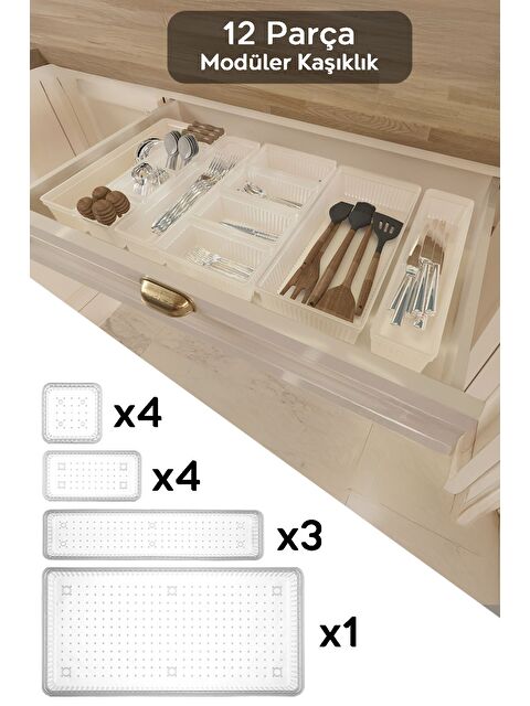 Meleni Home 12 Parça Modüler Kaşıklık Seti Ayarlanabilir Mutfak Çekmece İçi Düzenleyici Organizer Şeffaf - S000385155-26865