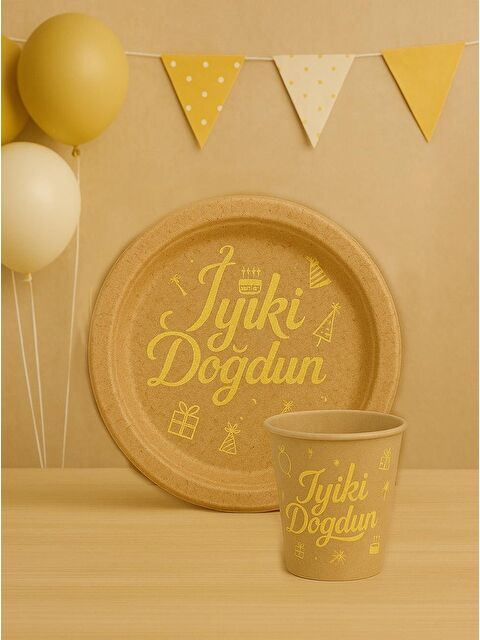 Parti Adresi İyi Ki Doğdun Yazılı Doğum Günü Parti Tabak Bardak Set Kraft 8'li - S000524886-19413