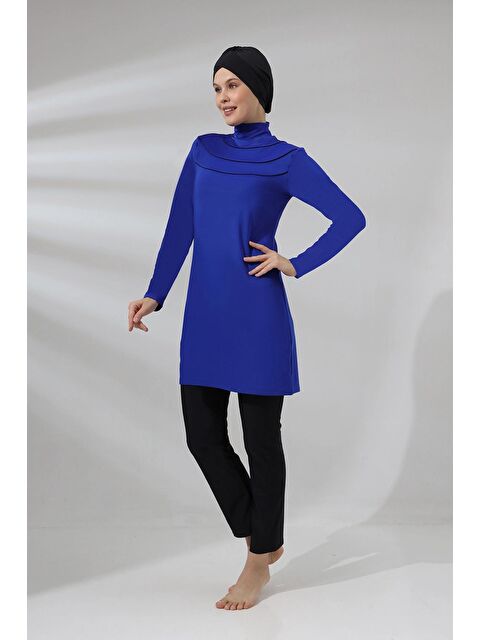 Hazelin Kadın Tesettür Saks Mavi Boğazlı Uzun Kollu Tam Kapalı Taytlı Likralı Mayo Hzl24S-Ar1286-11 - S000135777-23710