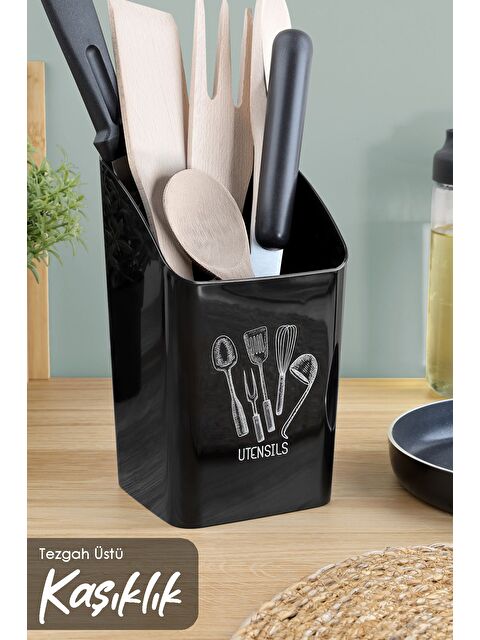 Meleni Home Tezgah Üstü Kaşıklık Mutfak Organizer Düzenleyici Kepçelik Kaşık Bıçak Standı Siyah - S000385159-19351