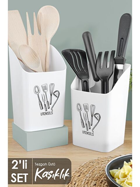 Meleni Home 2'li Tezgah Üstü Kaşıklık Mutfak Organizer Düzenleyici Kepçelik Kaşık Bıçak Standı Beyaz - S000385160-20063
