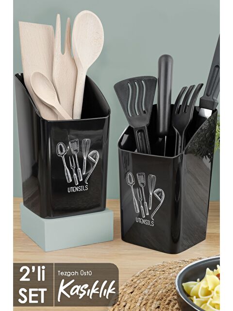 Meleni Home 2'li Tezgah Üstü Kaşıklık Mutfak Organizer Düzenleyici Kepçelik Kaşık Bıçak Standı Siyah - S000385161-19351