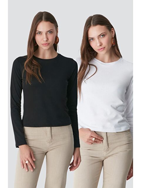 C&City Bisiklet Yaka Uzun Kol 2'Li Basic T-Shirt 955 Siyah/Beyaz - S000216828-19351