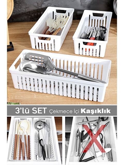 Meleni Home 3'lü Modüler Kaşıklık Seti Mutfak Düzenleyici Çekmece İçi Organizer Bıçaklık Kepçelik Beyaz - S000385162-20063