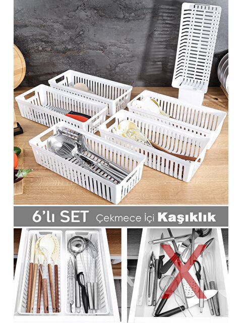 Meleni Home 6'lı Modüler Kaşıklık Seti Mutfak Düzenleyici Çekmece İçi Organizer Bıçaklık Kepçelik Beyaz - S000385164-20063