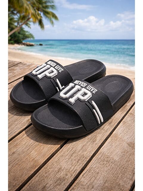 MODAFRATO NEVER GIVE UP Erkek Terlik Deniz Plaj Havuz Terliği Banyo Bahçe Balkon Hastane Ev Terliği - S000512741-37424