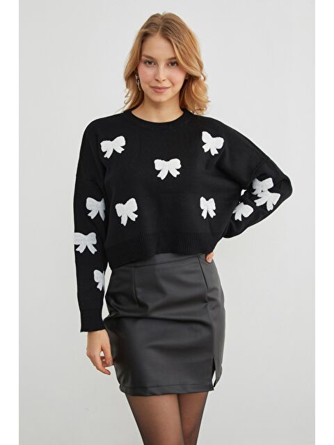 Fullamoda Kurdele Nakışlı Bisiklet Yaka Oversize Triko Kazak - S000435591-19351