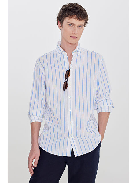Altınyıldız Classics Erkek Beyaz-Mavi Pamuklu Keten Regular Fit Normal Kesim Klasik Yaka Çizgili Gömlek
