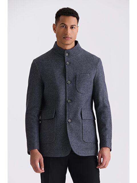 JAKAMEN Antrasit Slim Fit Hakim Yaka Yünlü Spor Kaşe Kaban - S000496620-29666