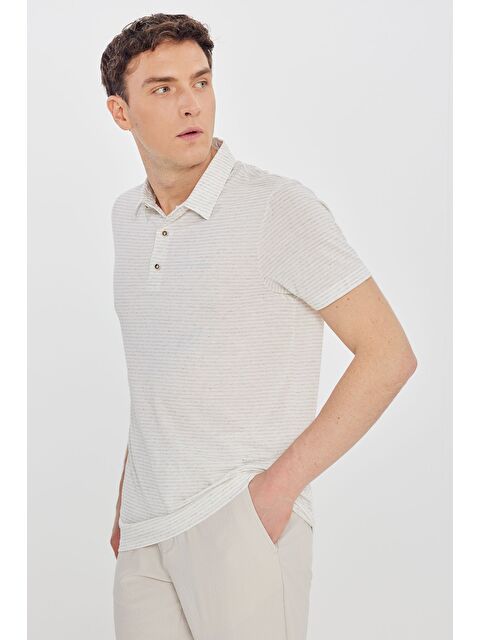 Altınyıldız Classics Erkek Bej Keten Standart Fit Normal Kesim Polo Yaka Çizgili Tişört