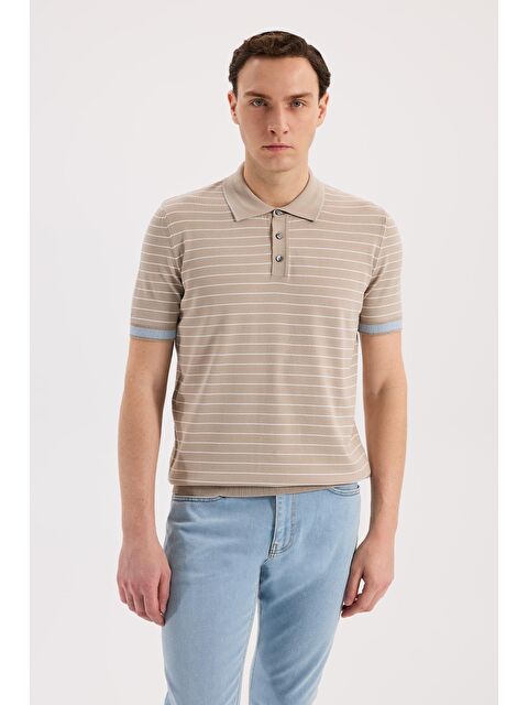 JAKAMEN Bej Slim Fit Çizgili Rayon Polo Yaka T-Shirt