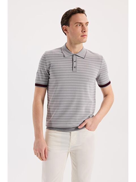 JAKAMEN Gri Slim Fit Çizgili Rayon Polo Yaka T-Shirt