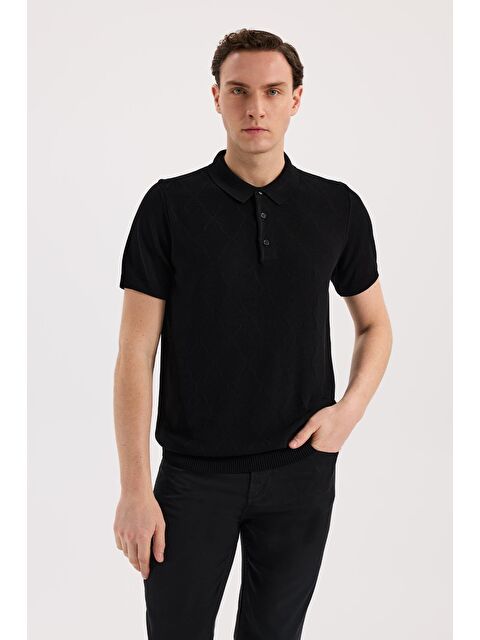 JAKAMEN Siyah Slim Fit Desenli Triko Polo Yaka T-Shirt