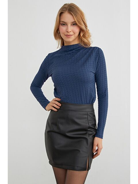 Fullamoda Gofre Kumaş Dik Yaka Drapeli Bluz - S000446051-23093