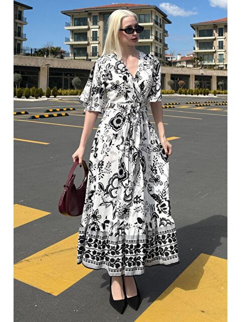 Madmext Siyah Kruvaze Yaka Desenli Kadın Elbise Mg2474 - S000439994-19351