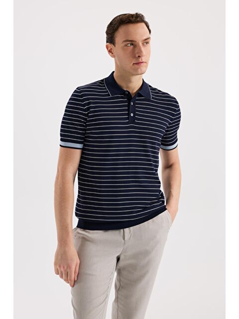JAKAMEN Lacivert Slim Fit Çizgili Rayon Polo Yaka T-Shirt