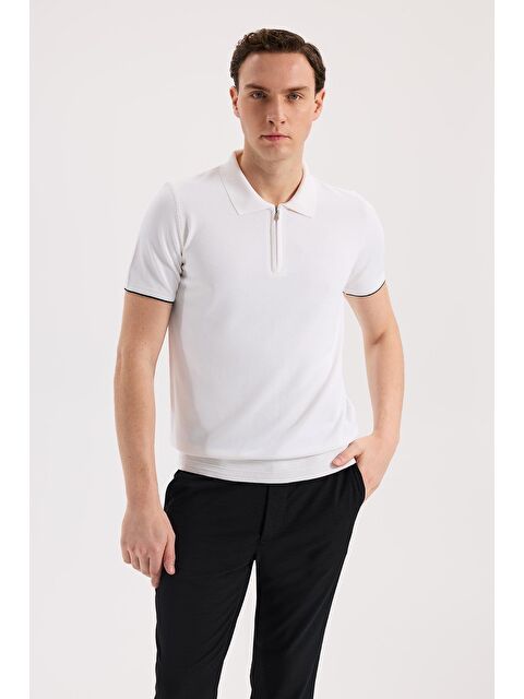 JAKAMEN Beyaz Slim Fit Triko Fermualı Polo Yaka T-Shirt