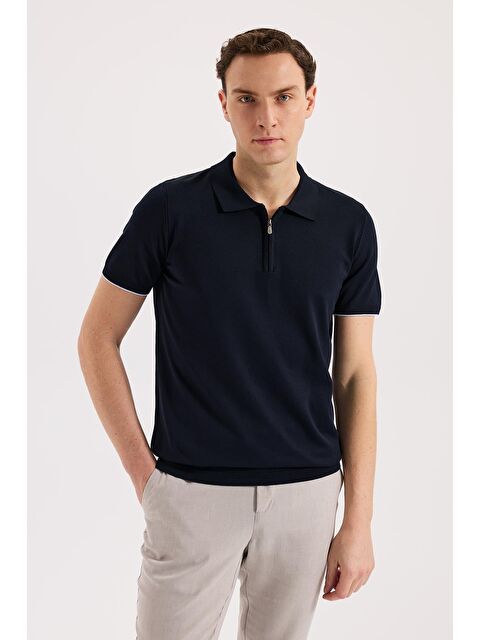 JAKAMEN Lacivert Slim Fit Triko Fermualı Polo Yaka T-Shirt