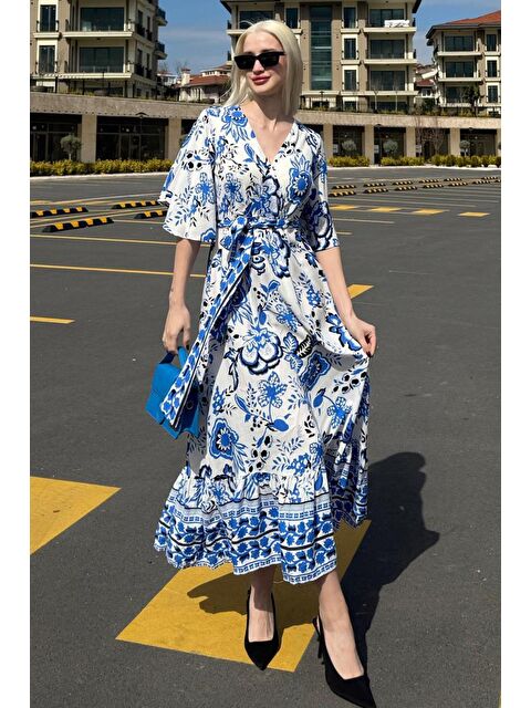 Madmext Mavi Kruvaze Yaka Desenli Kadın Elbise Mg2474 - S000439994-17234