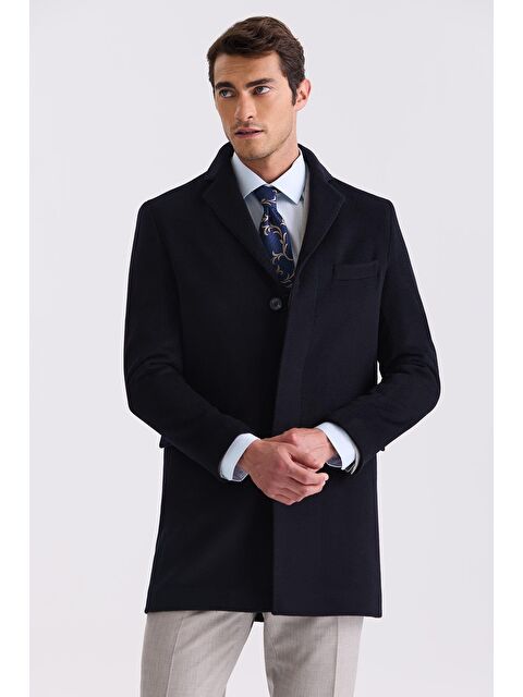 JAKAMEN Koyu Lacivert Regular Fit Mono Yaka Yünlü Kaşe Kaban - S000496603-29672