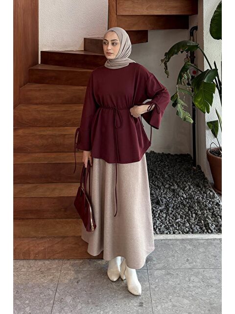 Lamelif Yırtmaç Detaylı Sweat Bordo - S000517846-19951