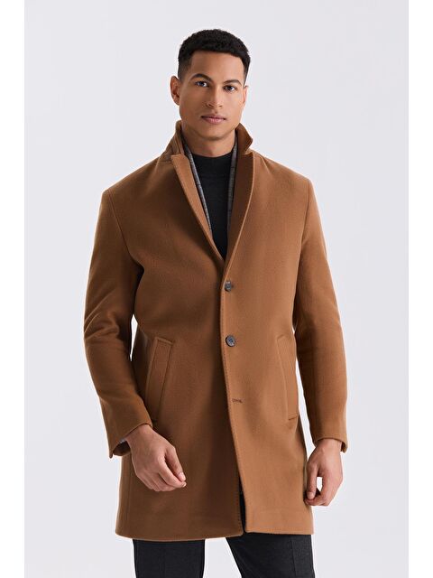 JAKAMEN Taba Comfort Fit Mono Yaka Yan Cep Kaşe Kaban - S000496611-14955